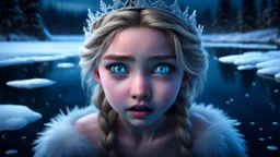 Hyper Realistic Photographic-view of Young Beautiful princess frozen deep-down a frozen-lake with the terrified look on her face & eyes dramatically open with-frozen-tears-&-terrified-worried-expressions in her beautiful-eyes at night showing dramatic & cinematic ambiance.