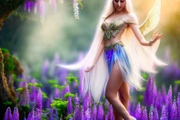 Fantasy cute elf with luminecent wings, smiling, make up, long blond platinum hair, blue eyes, crown, beautiful dress, wisteria flowers and mushrooms in background, HQ, high key lighting, volumetric light high details