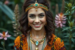 "Create a hyperrealistic, full-body view of a Caucasian woman with dark wavy light-brunette hair and petite light hazel-brown eyes, smiling warmly. The image should be captured from a distance of 10 feet, with the entire figure visible from head to toe, centered in the frame. She wears a small jeweled headdress, gold and gem jewelry, and colorful hippy clothes. Her chakras glow with crystalline psychedelic fractals. The setting is in nature, surrounded by plants, with vibrant colors, high contra