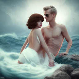 Aaron Carter with sexy Clara Bow, stormy seas, two people, Aaron Carter, romance, romantic, water, swimming, DAZ3D, by Michael Turner, soft lips, cinematic lighting, studio lighting, shine, 4K, fantastic view, girls at beach with her.