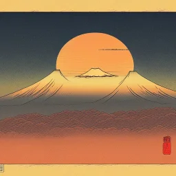 Ukiyo-e Style , mount fuji, sun set