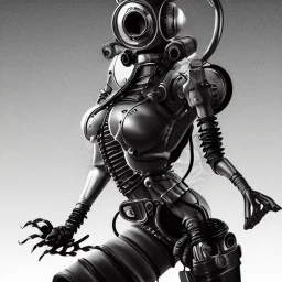 great illustrator, spanish, realistic rendering of a cute girl, beautiful, steampunk syle, black and white. Helmet with tubes. respirator. Machinery in the background. robotic bird flying. High details. 4k. unreal engine