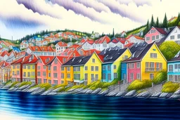 Colored pencil drawing, Very detailed, Drawing of the colorfull houses in the city Bergen in Norway. Colorfull, professional, detailed, pencil strokes, calm composition, zoom out., houses in a row. water on foreground, mountains on the background.