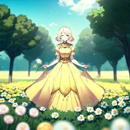 anime girl holding on to a dried dandelion flower and blowing the dried seeds into the air as the wind carries them away. outdoors scene.anime girl standing in a meadow of flowers. thw wind is blowing flower pedals into the wind. girl wearing yellow dress