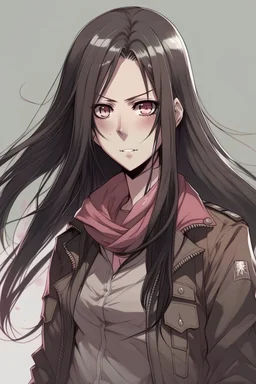 Attack on Titan A girl with long black hair, black eyes, a little pink mouth, wearing a black jacket.