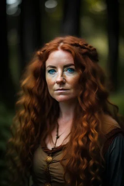 portrait of a beautiful 35 year old highlander woman with long reddish wavy hair, curvy body, earthbound