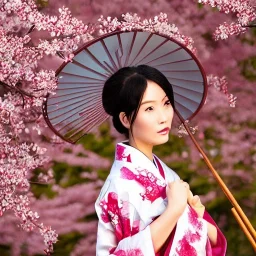 portrait of asian goddess wearing traditional kimono and holding bamboo umbrella, stunning, beautiful, gorgeous, cherry blossoms, realistic, photo illustrative, ornate, 8K resolution, high-quality, fine-detail, digital art, detailed matte, brian froud, howard lyon, selina french, anna dittmann, annie stokes, lisa parker, greg rutowski, alphonse mucha