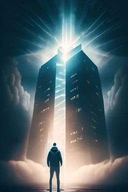 person standing in front a infinite high realistic building in a cloudy night with light rays coming out of him