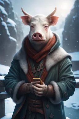 close up portrait of psionic bruce willis pig cow ancient half elf half orc shaman thief in inviting pose on ice stone bridge wearing winter jacket, book cover