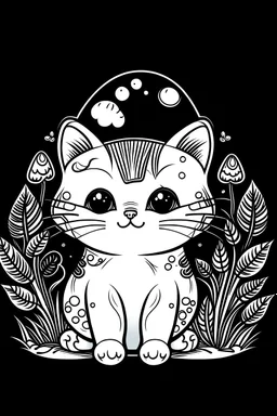 outline art for mushroom with cute cat pages for kids 2 age , black background, easy, sketch style, only use outline, clean line art, black background