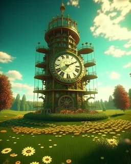 Create a 3d fractal base huge clock on a beautiful tower in a modern town with country houses and green field flowers , with see throgh golden gears rotating , showcasing a harmonious and synchronized movement. fast time passing in a beautiful nature environment