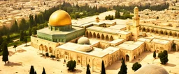 The image captures a historical and magnificent scene of the Al-Aqsa Mosque in the Middle Ages. The Al-Aqsa Mosque appears in its entirety, shining with grandeur and intricate architectural beauty. The large dome and complex arches showcase the splendid architectural design that reflects the traditions of Islamic architecture. The mosque extends over a wide area, and the surrounding courtyard can be seen with possibly trees and water features, adding to the aesthetics of the place. Worshipers a