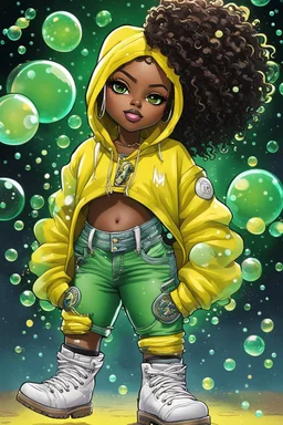 Create an colorful psychedelic comic book illustration of a chibi cartoon black female thick curvy wearing a cut of green, yellow and white hoodie and white jeans and timberland boots. Prominent make up with long lashes and hazel eyes. Highly detailed shiny sister locs. Background of a large bubbles all around her