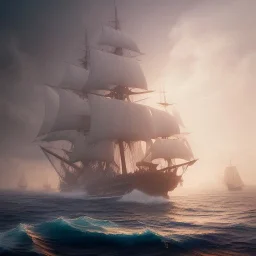 photo of a ultra realistic sailing ship, dramatic light, pale sunrise, cinematic lighting, battered, low angle, trending on artstation, 4k, hyper realistic, focused, extreme details, unreal engine 5, cinematic, masterpiece, art by studio ghibli, intricate artwork by john william turner