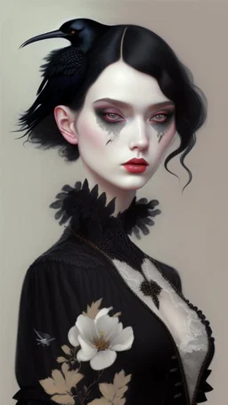 painting by koson ohara and marta bevacqua, portrait of a beautiful goth woman with black hair have a crow as a pet, wearing a black dress, 8k, high quality, highly detailed full body