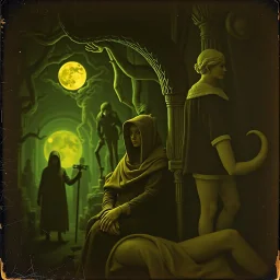 Daguerrotype close up some mysterious figures, odd background, Hieronymus Bosch Max Ernst ambient light, by Minicavio Quollati and Marlost Endgulp, Amano, Botticelli, Alphonse Mucha, distopic