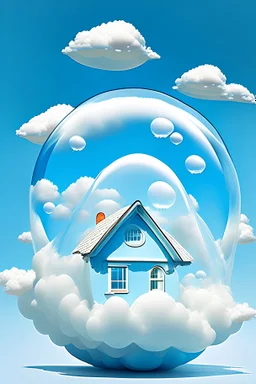 (Bubble house, small house made of tiny bubbles, cartoon style, above the clear white blue clouds