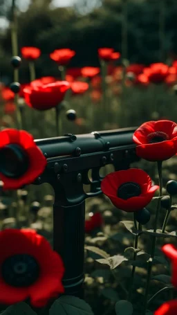 black gun with red kiss on it in a garden full of red poppies. cinematic