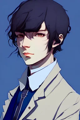 A handsome cute androgyne man resembling Fyodor Dostoevsky and Dazai from Bungo Stray Dog with Royal blue eyes and a triple black triple bang haircut pointing a gun at the camera