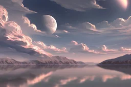moon, clouds, distant city, lake, sci-fi, boat, epic