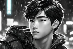 2 cute Asian guy, Anime gamer boy, 18 years old, beautiful, handsome, Wednesday Adam in 8k anime cgi drawing style, Adam family them, neon effect, close picture, rain, highly detailed, high details, detailed portrait, masterpiece, ultra detailed, ultra quality, Chinese city, 1 husky dog, monochrome, side view