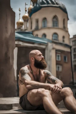 macho russian man sunbathing, sitted on an empty street, 38 years old, dirty tank top, tattoo, bullneck, hands behind the neck, ripped dirty shorts, manly chest, very hairy, short beard, big shoulders, relaxed, photorealistic, well defined facial features, half figure photography, view angle from the ground