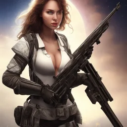 A girl with big breasts and beautiful and large military rifle in the galactic space