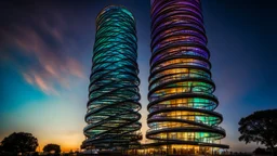 94625, delightful, sensitive, confident, iridescent double helix tower, delicate, nocturnal, architecture, award-winning photograph, beautiful composition, filled with beautiful detail, delicate colour, chiaroscuro