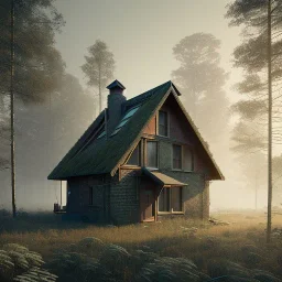 Abandoned attic simple modern concrete house,in the forest, brick walls, highly detailed, hill in the background, two windows on the front wall, with roof, concept art by Greg Rutkowski