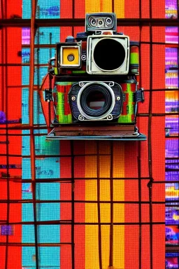 futuristic pinhole camera in Kente, rusted clocks lens, cinematic, scaffolding, cyberpunk, 8k quality