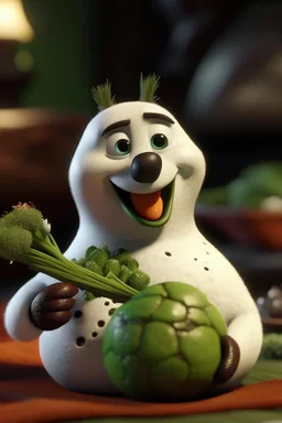 Olaf the snowman eating broccoli