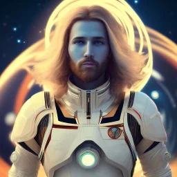 Full body ,Beautiful cosmic man, blue eyes, long blond hair, cosmic suit, galactic backdrop, soft lighting, hyper realistic, unreal engine 5, 16k