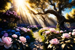 gold light effects colors, a magic garden with peonies, clear sunny light, highly detailed, luminous rays of the sun, peonies flowers, beautiful old trees, high contrast, 8k, high definition, realistic, concept art, sharp focus