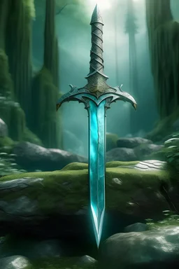 stylized excalibur sword stuck in a rock inside of a fairy forest
