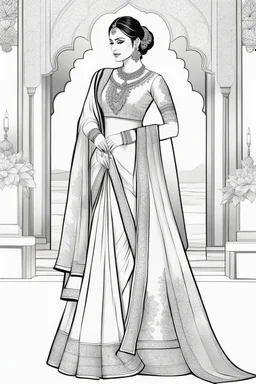 Coloring page for adults of a elegant fashion model woman wearing hindi dress, dynamic poses, full body portrait, thick and clean lines, clean details, no-color, no-turban, no-background, non color, non shading, no-grayscale, dynamic poses, full body portrait, thick and clean lines, clean details, no-color, no-turban, , non background, non color, non shading, no-grayscale, no color hair