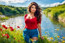 beautiful girl supper model, in nice red top ,blue pants, with curvy hair,perfect face,perfect eyes,country side wavy narrow river ,wild flowers ,blue sky nice clouds,