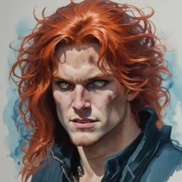 dnd, fantasy, watercolour, portrait, illustration, realistic hair, male, face, green eyes, determined, happy, red hair, very long hair, radiating light, five o'clock shadow