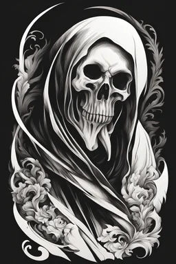 A realistic drawing in negative space black ink on white background of a beautiful reaper with abstract brushstrokes design baroque
