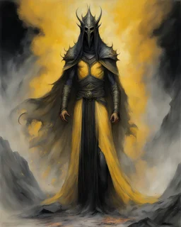 fantasy painting of a male sauron-nazgûl-king-in-yellow wearing minoan clothes. sheets of black smoke and glowing embers extending from her body. full body. concept art in the style of Alan lee john howe greg rutkowsky william morris Michael whelan Walter simonson.