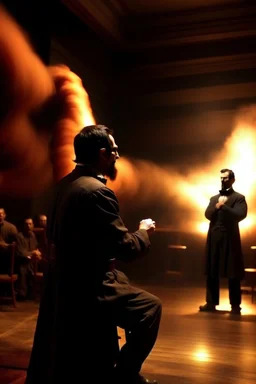 Create a powerful visual representation of the moment Booth fires a single shot into the back of Abraham Lincoln's head. Convey the shock and chaos among the audience as the gunshot reverberates through the theater