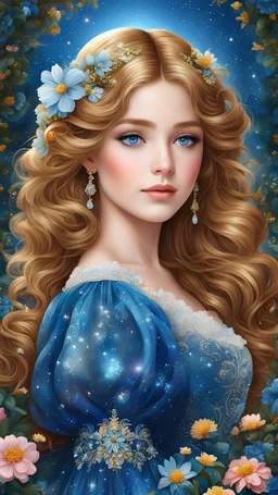 "Imagine an enchanting illustration of a beautiful and charming dream girl with dark golden waterfall hair and lovely sparkling blue eyes. She wears a blue Victorian dress adorned with a delicate and gorgeous floral pattern. Picture her in a paradise garden filled with colorful, magical sparkling flowers under a shimmering night sky. Use digital painting to create a beautiful, high-quality, highly detailed masterpiece bursting with vivid colors and the magic of dreams."