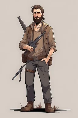 man, beard, brown hair, illustration, looking serious, full body, standing, mean,, looking sideways, holding a riffle