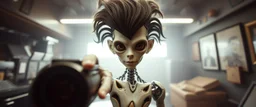 nephilim ai meat grinder camera meetup selfie smart transcendent innocent little humanoid with big hairdo pointing at camera