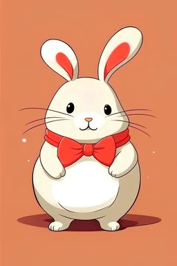 an illustration cartoon cute small fat rabbit, female, with a red ribbon on her ear,