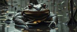 Giant muddy toad sitting smugly in a swamp, gold coins stuck to its tongue, wet glossy skin, low fantasy realism, slightly comedic tone, cinematic lighting