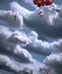 Ultra realistic speed clouds sky scene, wide angle view, strong men falling down with many Childs, circus clothing style, feather color clothing, free jumping flying, many trinkets, hair monster, many jelly beans, balls, color smoke, smile, happy, extreme, wind, clouds sea, 20,000 feet altitude, stratosphere, soft color, highly detailed, unreal engine 5, ray tracing, RTX, lumen lighting, ultra detail, volumetric lighting, 3d, finely drawn, high definition, high resolution.