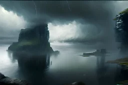cloudy day, cliffs, lake, beyond and trascendent influence, sci-fi, inmersive, very epic, distant cliffs, hd