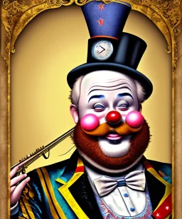 happy old friendly fat clown with round head and trimmed beard playing jazz with a steampunk theme, circus, realistic