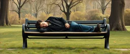 master oil painting by Rembrandt, flat person sleeping on a bench in the park