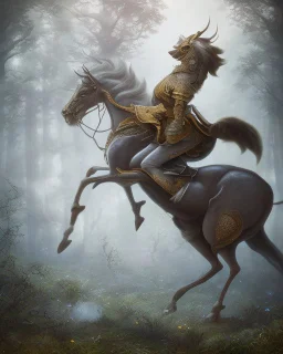 A centaur majestically galloping through the dense forest in the style of Doug Hyde , fantastical landscape, soft strokes , mythology portrait, classic illustrated digital design